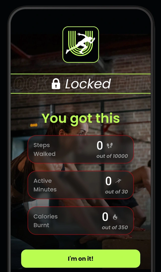 Unlock with Fitness blocked screen showing progress toward fitness goals