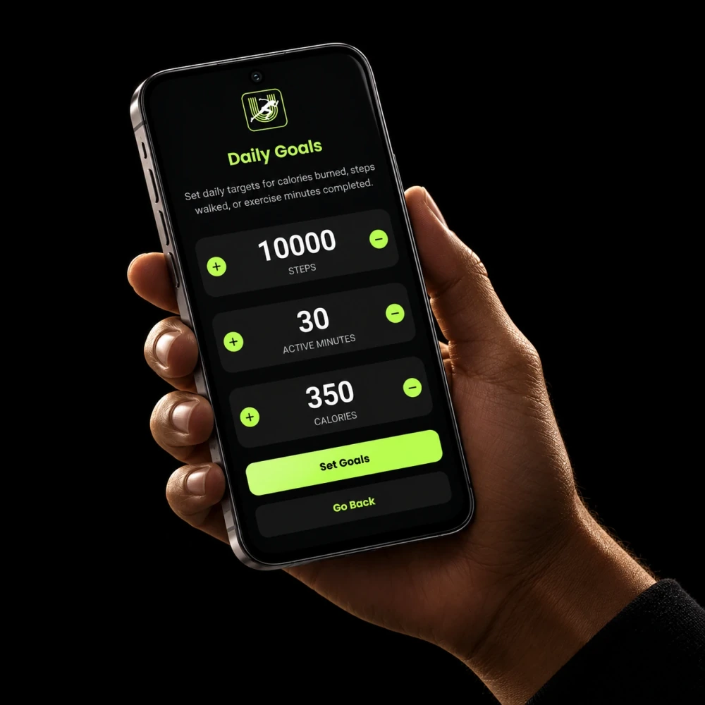 A hand holding Unlock with Fitness, with fitness goals ready to set